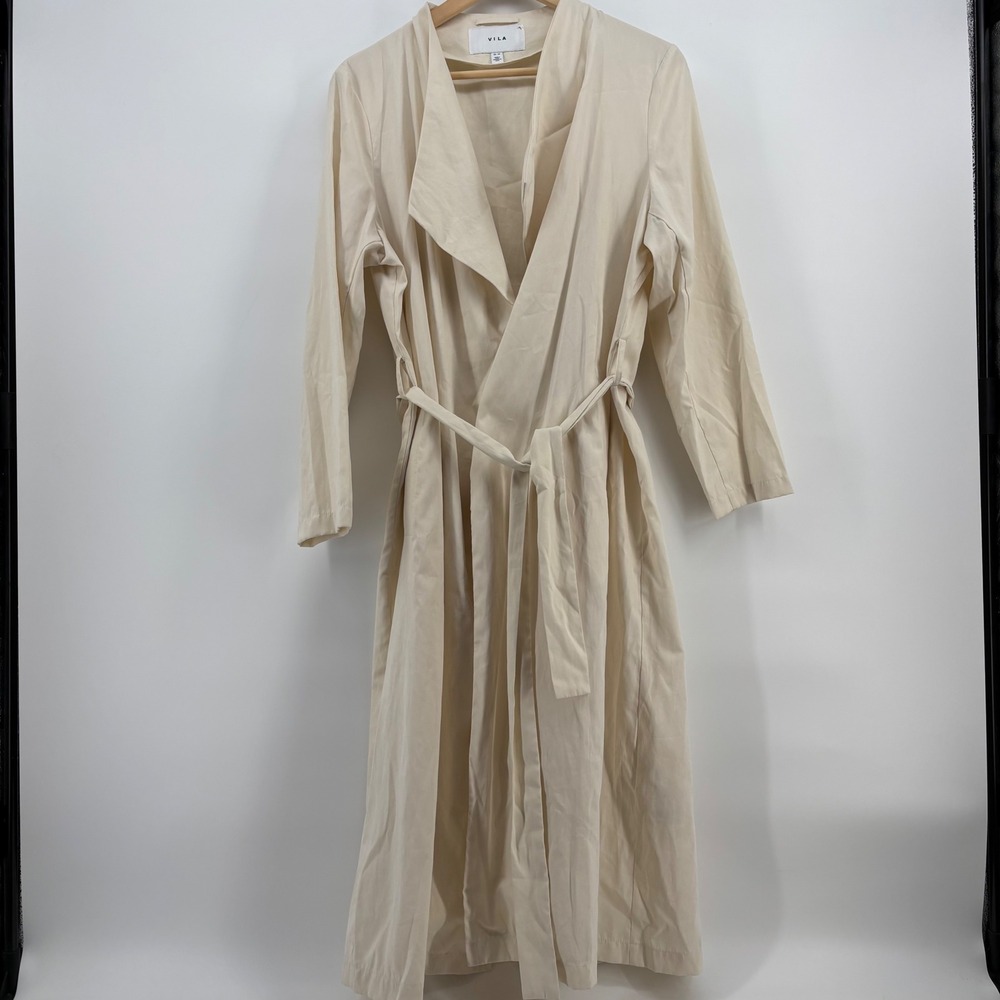 Vila Womens Trench Coat 40 Beige Duster Belted Long Sleeve Quiet Luxury Classy